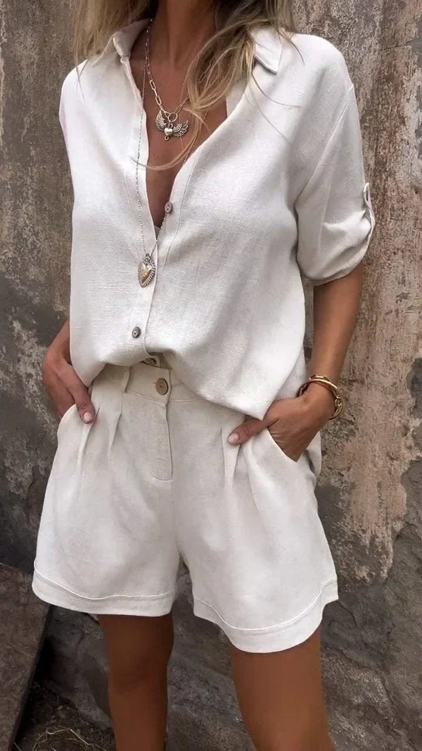 Gina - Cotton and linen mid-sleeve shirt suit with shorts